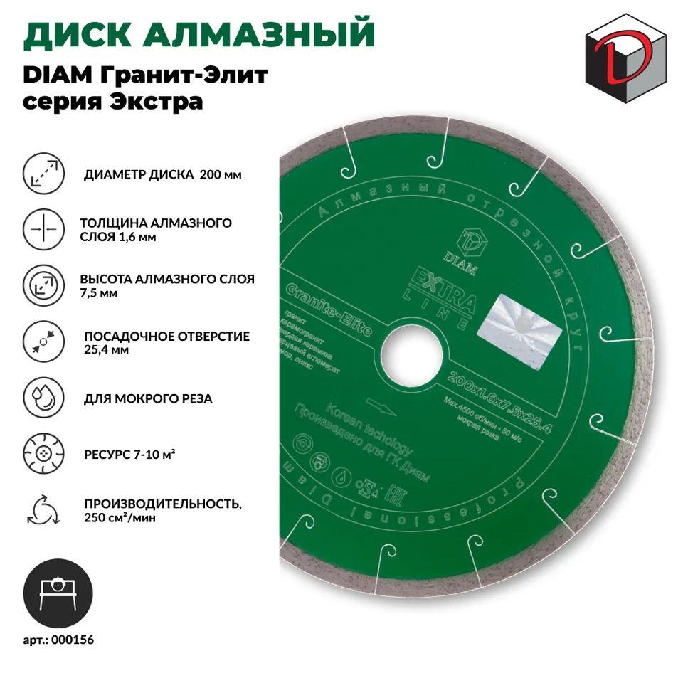 Диск алмазный отрезной сплошной DIAM 200 мм Гранит-Элит серия Экстра, фото 2