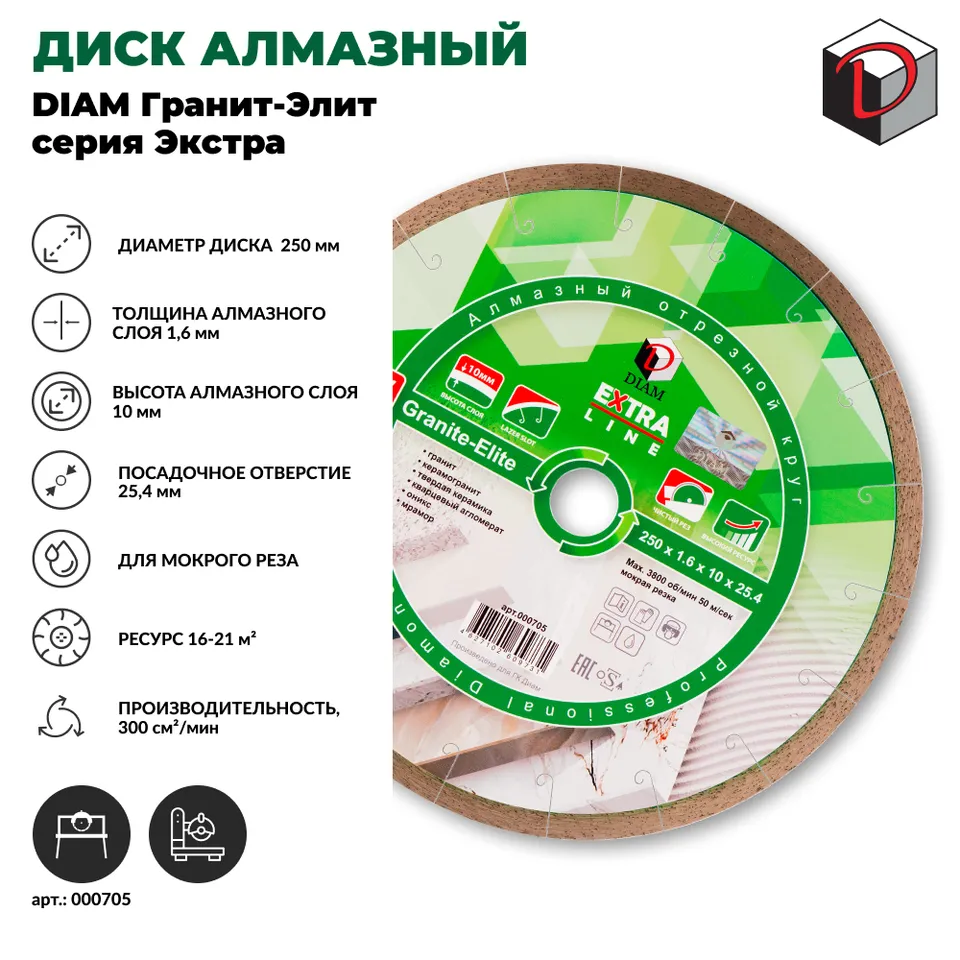 Диск алмазный отрезной сплошной DIAM 250/10 мм Гранит-Элит серия Экстра, фото 2