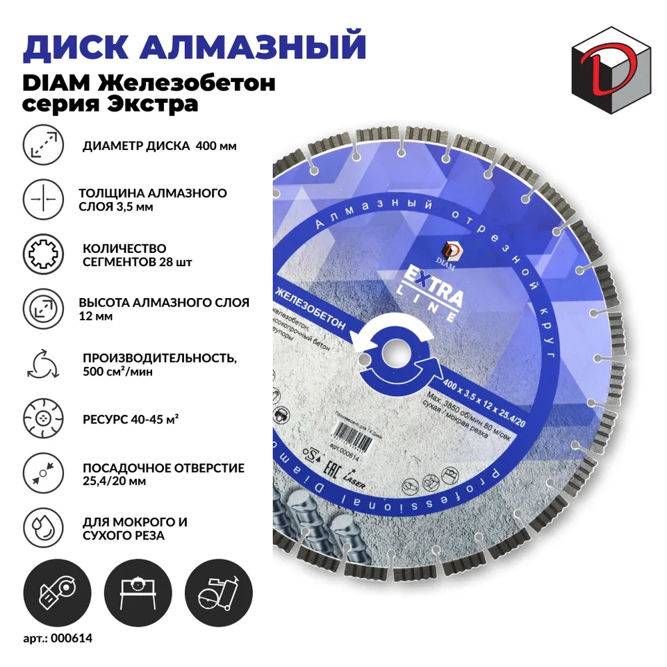 Диск алмазный отрезной сегментный DIAM Железобетон 400 мм серия Экстра, фото 2