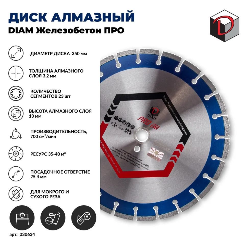 Диск алмазный отрезной сегментный DIAM 350 мм Железобетон серия Про, фото 2