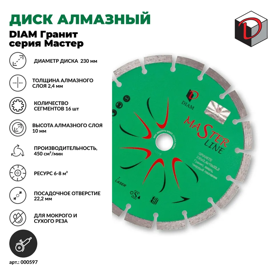 Диск алмазный отрезной DIAM сегментный 230 мм DIAM Гранит серия Мастер, фото 2