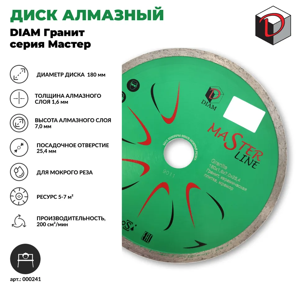 Диск алмазный отрезной сплошной DIAM 180 мм Гранит серия Мастер, фото 2