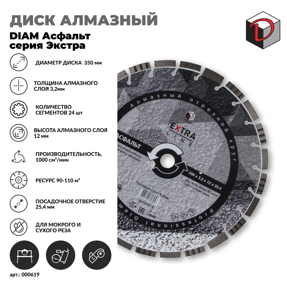 Диск алмазный отрезной сегментный DIAM 350 мм Асфальт серия Экстра, фото 2