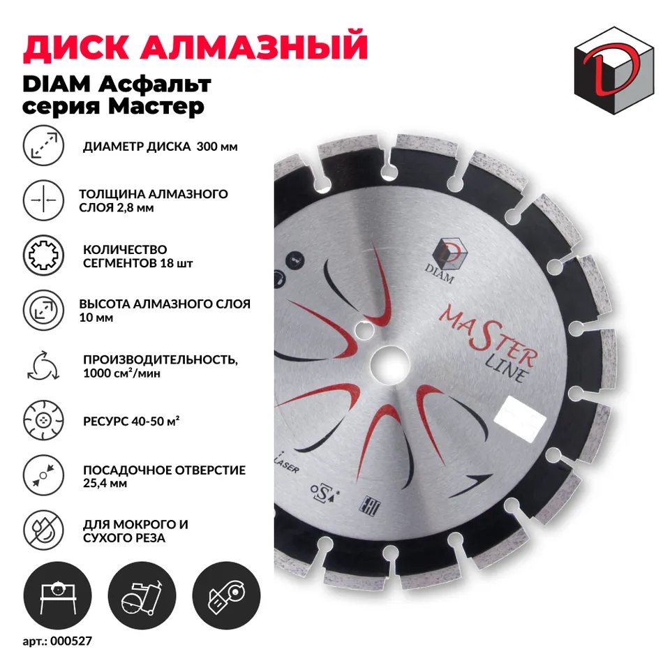 Диск алмазный отрезной сегментный DIAM 300 мм АСФАЛЬТ Асфальт серия Мастер, фото 2