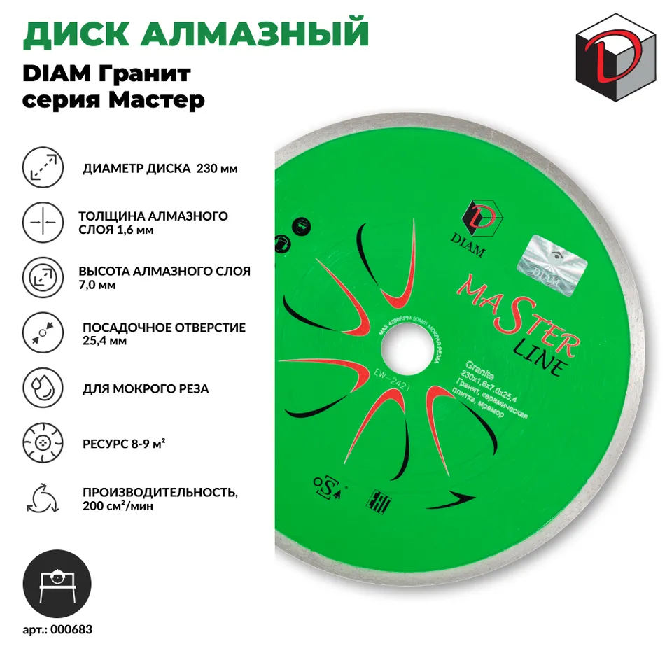 Диск алмазный отрезной сплошной DIAM 230 мм Гранит серия Мастер, фото 2