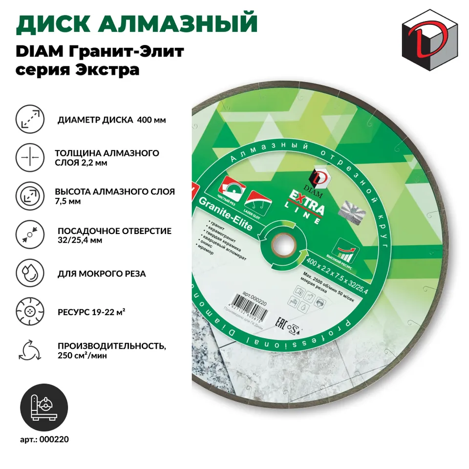 Диск алмазный отрезной сплошной DIAM 400 мм Гранит-Элит серия Экстра, фото 2