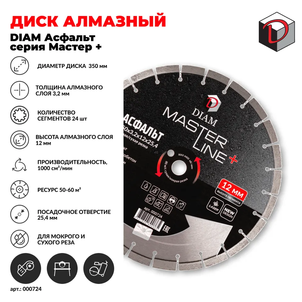 Диск алмазный отрезной сегментный DIAM 350 мм Асфальт серия Мастер+, фото 2