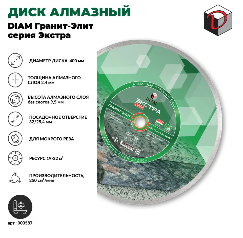 Диск алмазный отрезной сплошной DIAM 400 мм Гранит-Элит серия Экстра, фото 3